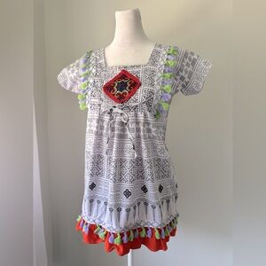 White & Black Tasseled Square Neck Short Sleeve Blouse Made in Thailand